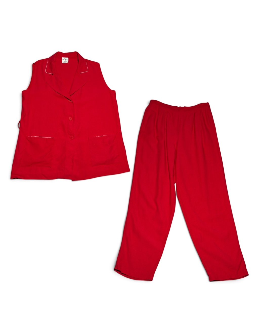 Vintage Red Two-Piece Rayon Blend Set with Sleeveless Top and Pants Size 16